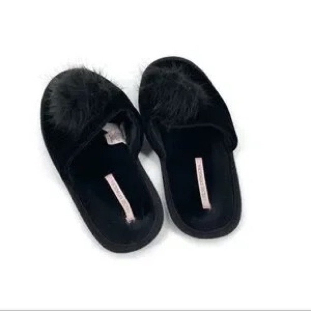 Victoria Secret Black Pom Pom Slippers - Picture 1 of 5